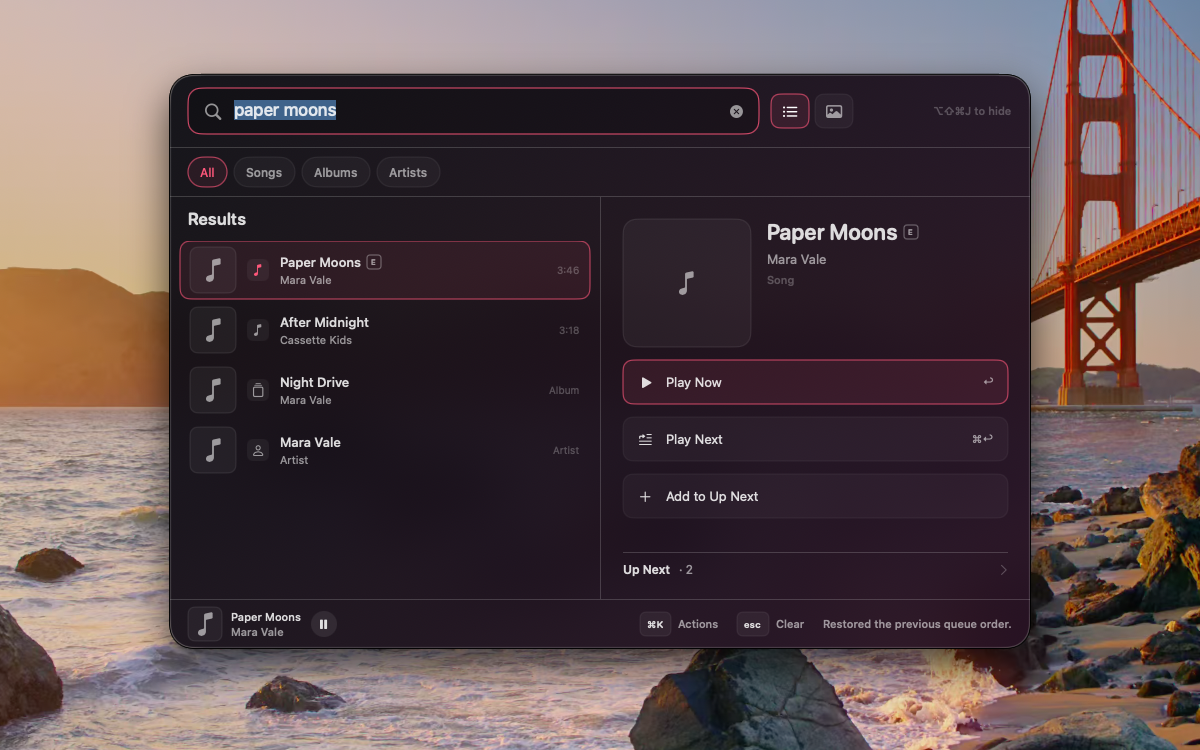 Muzick's native music command palette showing sample search results and playback controls.