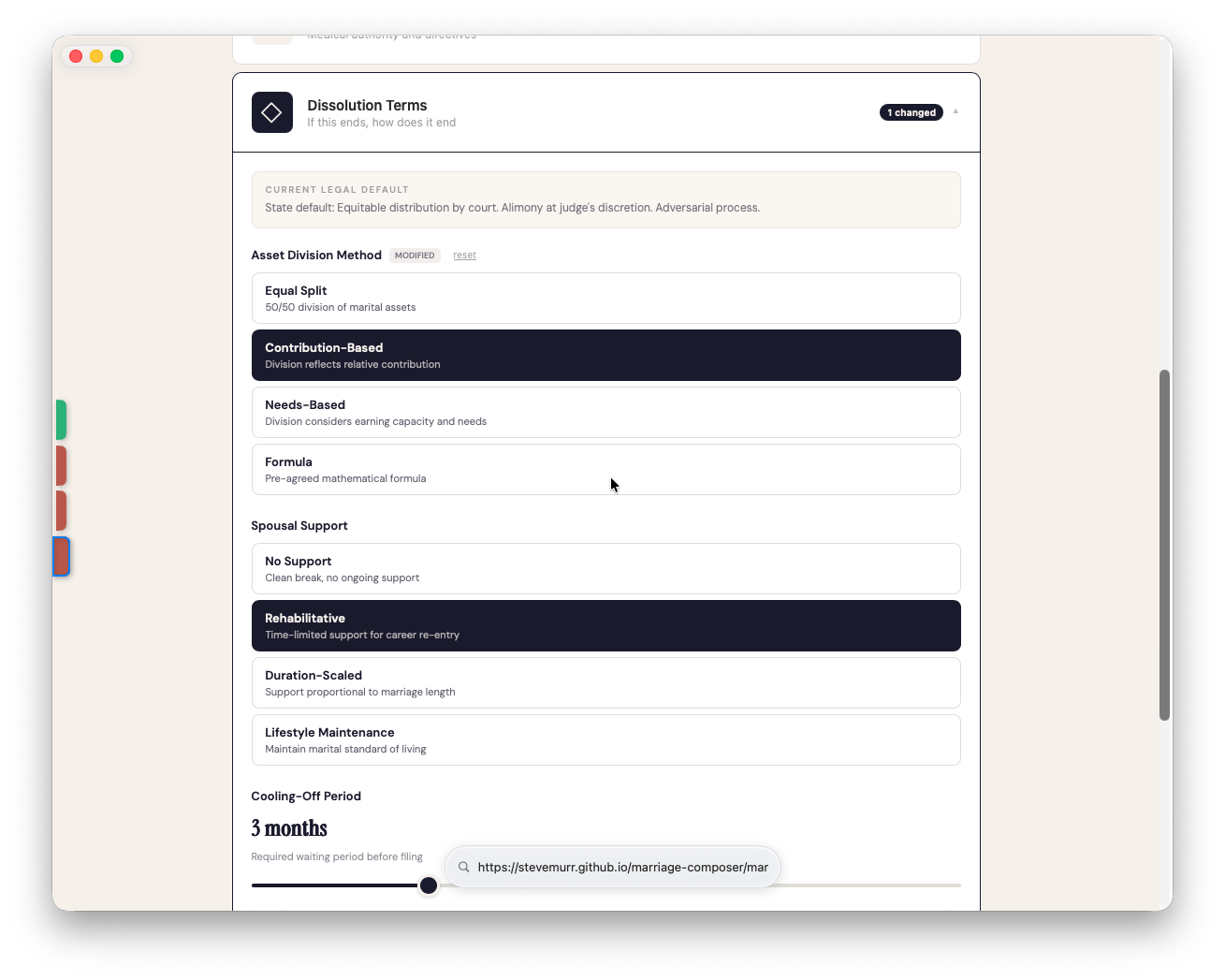 Dissolution Terms module &ndash; asset division, spousal support, cooling-off period