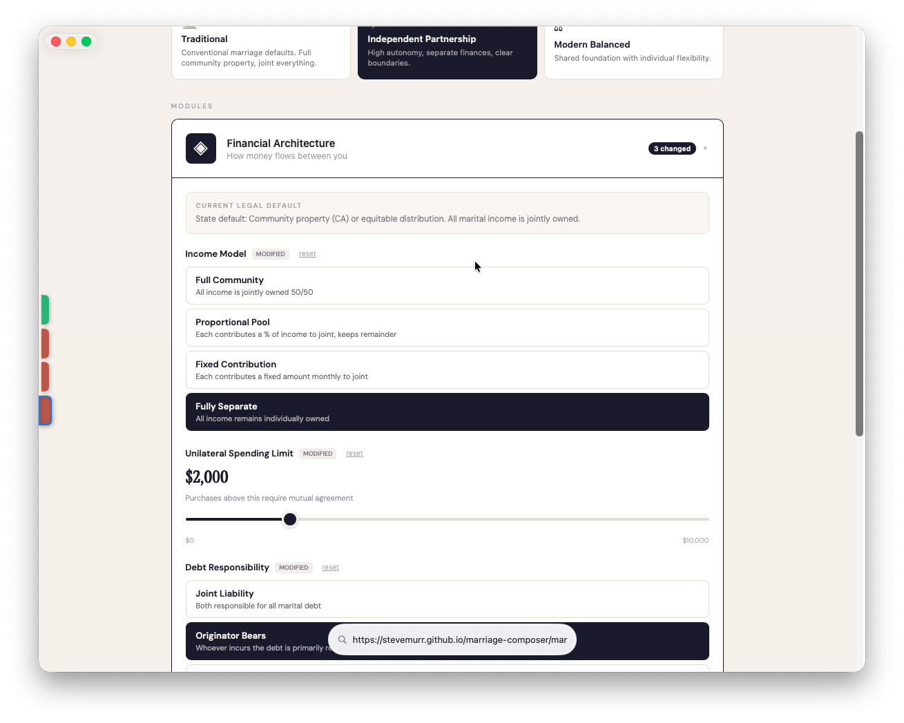 Financial Architecture module &ndash; income model, spending limits, debt responsibility