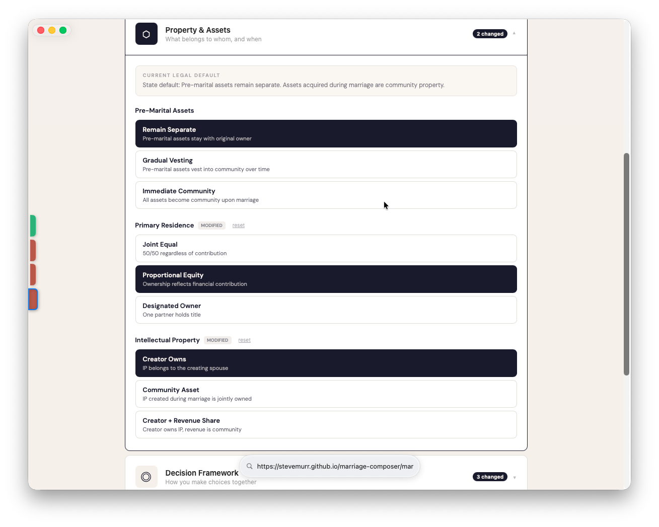 Property & Assets module &ndash; pre-marital assets, primary residence, intellectual property